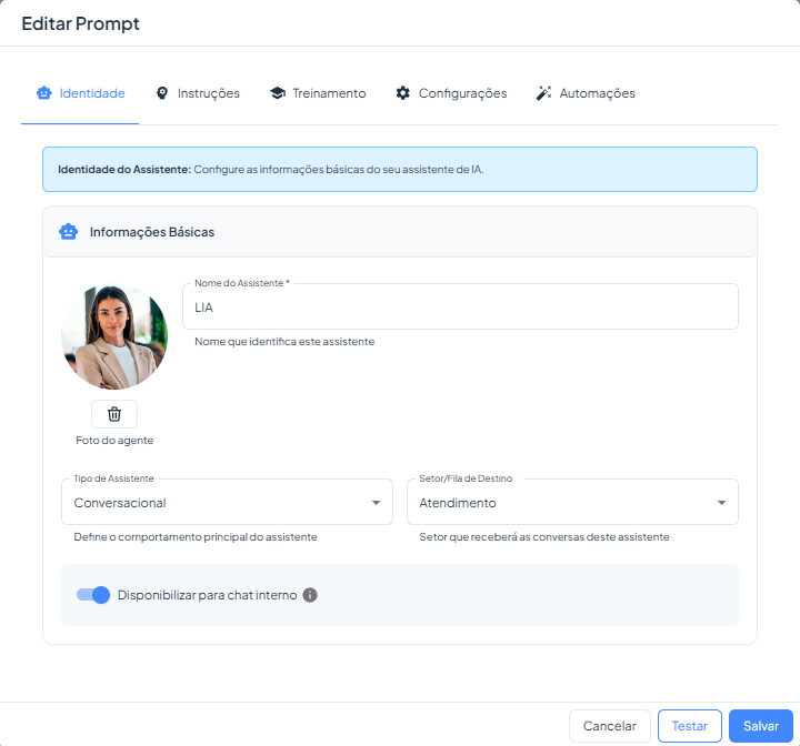 Configuração de identidade do agente de IA LIA na Paralela