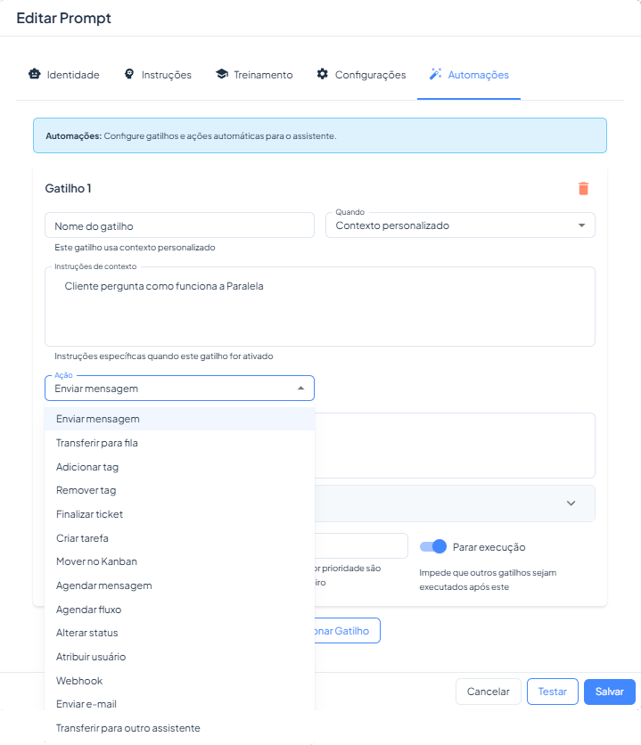 Configuração de gatilhos e ações automáticas para agentes de IA