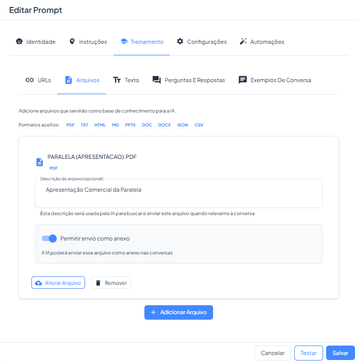 Interface de treinamento e base de conhecimento dos agentes de IA